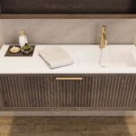 Modern donker eiken badkamermeubel 60 cm met twee lades en mat beige mineraalstenen wastafel