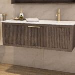 Modern donker eiken badkamermeubel 60 cm met twee lades en mat beige mineraalstenen wastafel
