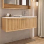 Modern naturel eiken badkamermeubel 60 cm met twee lades en mat beige mineraalstenen wastafel