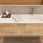 Modern naturel eiken badkamermeubel 60 cm met twee lades en mat beige mineraalstenen wastafel