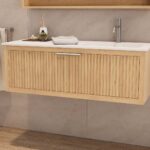 Modern naturel eiken badkamermeubel 60 cm met twee lades en mat beige mineraalstenen wastafel