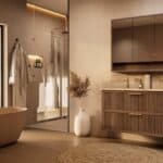 Het Riva badkamermeubel 120 in donker eiken ademt luxe en rust. Massief eiken met groevenfront, twee hoogwaardige softclose lades en een mat beige Mineraalsteen dubbele wastafel. De wastafel kan met of zonder kraangaten worden geleverd.