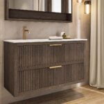 Modern donker eiken badkamermeubel 70 cm met één lade en mat beige mineraalstenen wastafel