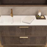 Modern donker eiken badkamermeubel 70 cm met één lade en mat beige mineraalstenen wastafel