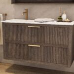 Modern donker eiken badkamermeubel 70 cm met één lade en mat beige mineraalstenen wastafel