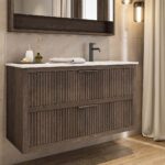 Modern donker eiken badkamermeubel 70 cm met twee lades en mat beige mineraalstenen wastafel
