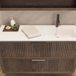 Modern donker eiken badkamermeubel 70 cm met twee lades en mat beige mineraalstenen wastafel