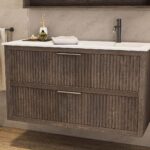 Modern donker eiken badkamermeubel 70 cm met twee lades en mat beige mineraalstenen wastafel