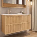Modern naturel eiken badkamermeubel 70 cm met één lade en mat beige mineraalstenen wastafel