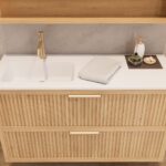 Modern naturel eiken badkamermeubel 70 cm met één lade en mat beige mineraalstenen wastafel