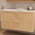 Modern naturel eiken badkamermeubel 70 cm met één lade en mat beige mineraalstenen wastafel