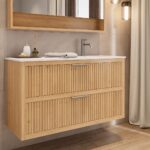 Modern naturel eiken badkamermeubel 70 cm met twee lades en mat beige mineraalstenen wastafel