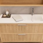 Modern naturel eiken badkamermeubel 70 cm met twee lades en mat beige mineraalstenen wastafel