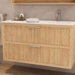 Modern naturel eiken badkamermeubel 70 cm met twee lades en mat beige mineraalstenen wastafel