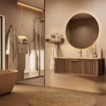 Het Riva badkamermeubel 120 in donker eiken ademt luxe en rust. Massief eiken met groevenfront, hoogwaardige softclose lades en een mat beige Mineraalsteen wastafel. De wastafel kan met of zonder kraangaten worden geleverd.