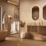 Het Riva badkamermeubel 140 in donker eiken ademt luxe en rust. Massief eiken met groevenfront, hoogwaardige softclose lades en een mat beige Mineraalsteen dubbel wastafel. De wastafel kan met of zonder kraangaten worden geleverd.