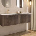 Modern donker eiken badkamermeubel 80 cm met één lade en mat beige mineraalstenen wastafel