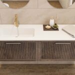Modern donker eiken badkamermeubel 80 cm met één lade en mat beige mineraalstenen wastafel
