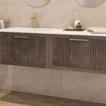Modern donker eiken badkamermeubel 80 cm met één lade en mat beige mineraalstenen wastafel