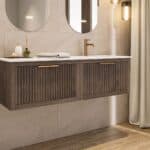 Modern donker eiken badkamermeubel 80 cm met twee lades en mat beige mineraalstenen wastafel