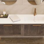 Modern donker eiken badkamermeubel 80 cm met twee lades en mat beige mineraalstenen wastafel