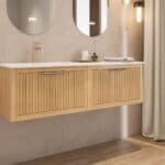 Modern naturel eiken badkamermeubel 80 cm met één lade en mat beige mineraalstenen wastafel