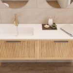 Modern naturel eiken badkamermeubel 80 cm met één lade en mat beige mineraalstenen wastafel