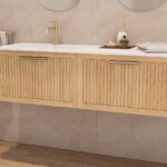 Modern naturel eiken badkamermeubel 80 cm met één lade en mat beige mineraalstenen wastafel