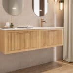 Modern naturel eiken badkamermeubel 80 cm met twee lades en mat beige mineraalstenen wastafel
