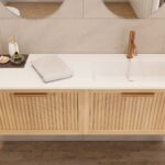 Modern naturel eiken badkamermeubel 80 cm met twee lades en mat beige mineraalstenen wastafel