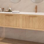 Modern naturel eiken badkamermeubel 80 cm met twee lades en mat beige mineraalstenen wastafel
