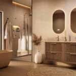 Het Riva badkamermeubel 140 in donker eiken ademt luxe en rust. Massief eiken met groevenfront, vier hoogwaardige softclose lades en een mat beige Mineraalsteen dubbele wastafel. De wastafel kan met of zonder kraangaten worden geleverd.