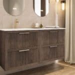 Modern donker eiken badkamermeubel 100 cm met één lade en mat beige mineraalstenen wastafel