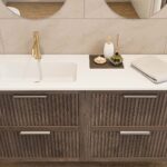 Modern donker eiken badkamermeubel 100 cm met één lade en mat beige mineraalstenen wastafel