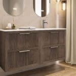 Modern donker eiken badkamermeubel 100 cm met twee lades en mat beige mineraalstenen wastafel