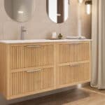 Modern naturel eiken badkamermeubel 100 cm met één lade en mat beige mineraalstenen wastafel