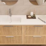 Modern naturel eiken badkamermeubel 100 cm met één lade en mat beige mineraalstenen wastafel