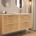 Modern naturel eiken badkamermeubel 100 cm met twee lades en mat beige mineraalstenen wastafel