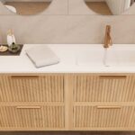 Modern naturel eiken badkamermeubel 100 cm met twee lades en mat beige mineraalstenen wastafel