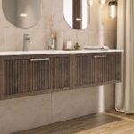 Hangend donker eiken badkamermeubel 120 cm met één lade en dubbele mat beige mineraalstenen wastafel