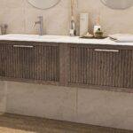 Hangend donker eiken badkamermeubel 120 cm met één lade en dubbele mat beige mineraalstenen wastafel