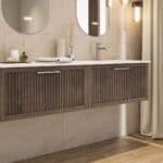 Hangend donker eiken badkamermeubel 120 cm met twee lades en dubbele mat beige mineraalstenen wastafel