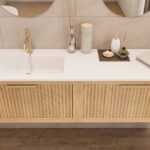 Hangend naturel eiken badkamermeubel 120 cm met één lade en dubbele mat beige mineraalstenen wastafel