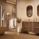 Het Riva badkamermeubel 160 in Donker eiken combineert ambachtelijk vakmanschap met moderne luxe. Gemaakt van massief eiken met ribbelfront, vier softclose lades en een mat beige dubbele Mineraalsteen wastafel. De wastafel kan met of zonder kraangate