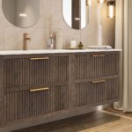 Modern donker eiken badkamermeubel 120 cm met één lade en mat beige mineraalstenen wastafel