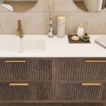 Modern donker eiken badkamermeubel 120 cm met één lade en mat beige mineraalstenen wastafel