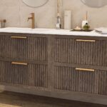 Modern donker eiken badkamermeubel 120 cm met één lade en mat beige mineraalstenen wastafel