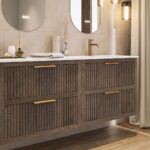 Modern donker eiken badkamermeubel 120 cm met twee lades en mat beige mineraalstenen wastafel