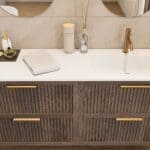Modern donker eiken badkamermeubel 120 cm met twee lades en mat beige mineraalstenen wastafel