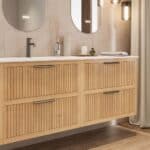 Modern naturel eiken badkamermeubel 120 cm met één lade en mat beige mineraalstenen wastafel